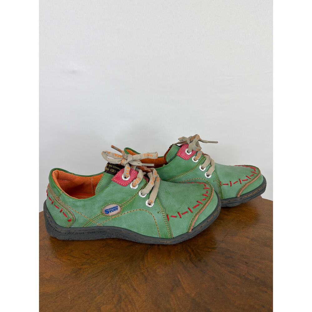 TMA Eyes Green Leather Lace Up Red Stitching Wide Toe Comfort Shoes 10.5 - Picture 3 of 9